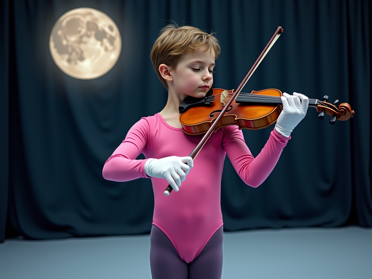 A young performer, approximately 11 years old, is dressed in shiny dark lilac tights and a pink one-piece swimsuit with long sleeves. He wears stretchy white gloves while skillfully playing the violin. The background is set in a tranquil space with flowing dark curtains. Above him, a large, luminous moon hangs, casting a magical glow over the scene. The child's expression is focused, showcasing his dedication to the performance. This scene creatively blends elements of gymnastics and music, emphasizing the beauty of artistic talent.