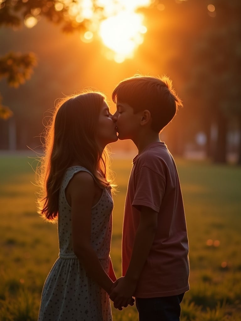 A girl and boy share a kiss in a park at sunset. Warm light surrounds the scene. The image captures the moment of affection. The background is softly blurred. A serene atmosphere prevails.