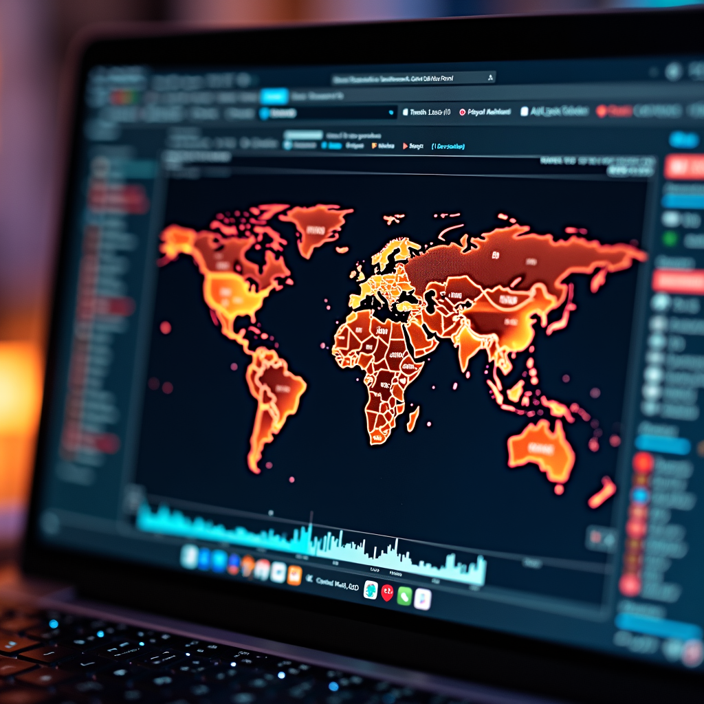 A glowing world map display on a laptop screen with highlighted countries and data graphs.