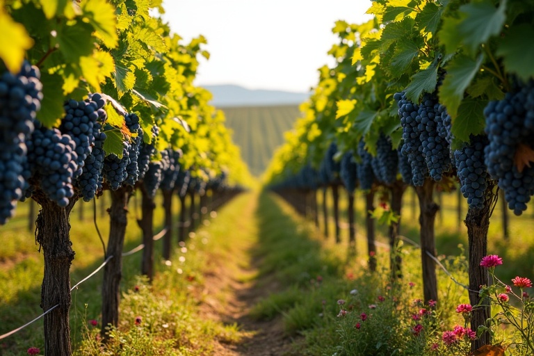 Sunny late summer evening in vineyard. Vines full of leaves and blue grapes. Green and autumn-colored leaves. Narrow path between rows. Flowering plants grow between vines.