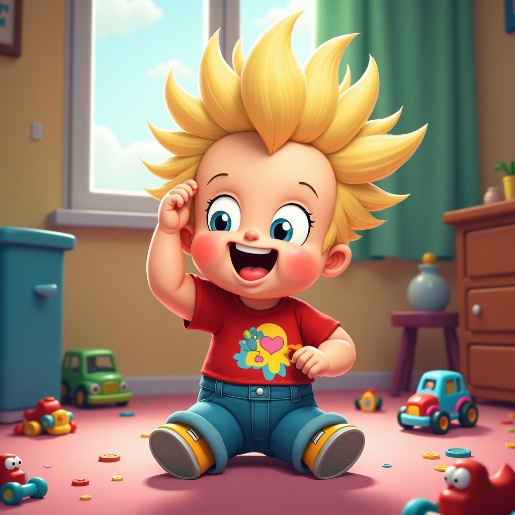 A cartoon baby resembling Johnny Bravo with spiky blonde hair. The baby is smiling while sitting on a colorful rug. Toys are scattered around. A bright room features a window and playful furniture.