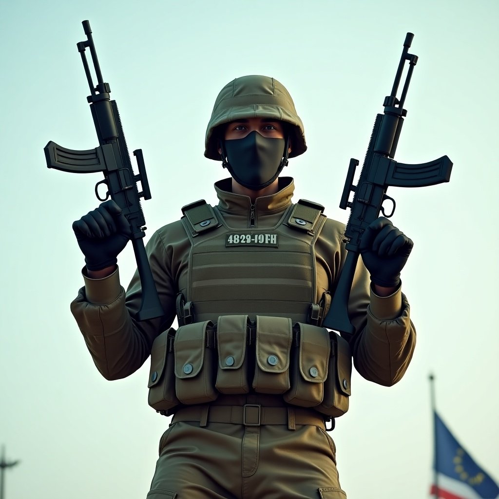 A camouflaged military figure stands holding two submachine guns. Gloved hands grip the firearms firmly. Tactical vest features multiple pouches. Background is neutral, highlighting the figure. Includes pale blue sky and flag with stars.