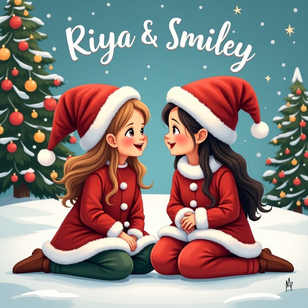 Two girls dressed in Christmas outfits smiling at each other sitting on snowy landscape beside a decorated Christmas tree. Text in stars reads 'Riya & Smiley'.