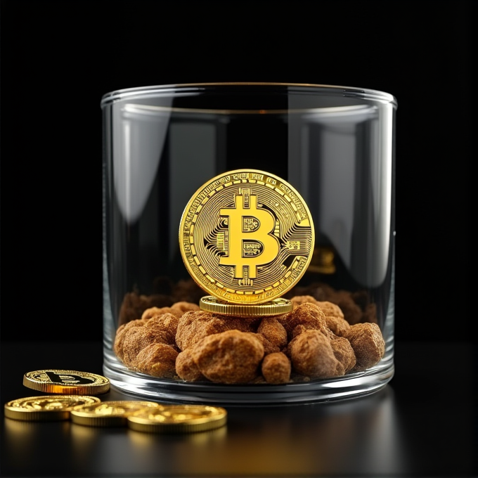 A gold Bitcoin coin stands in a glass containing brown pebbles.