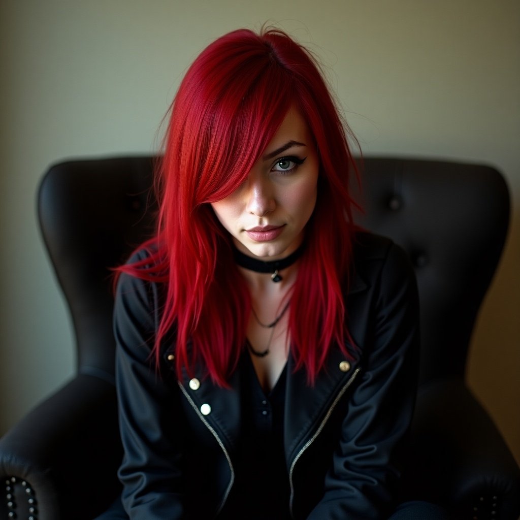 Woman with emo red hair sitting in a chair. In front of the camera.