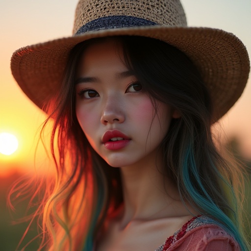 Gorgeous lady with rainbow hair and a stylish hat. Warm sunset creating a romantic atmosphere. Close-up portrait with intricate details. Red lips beneath the hat. Vibrant colors and soft lighting enhance beauty.