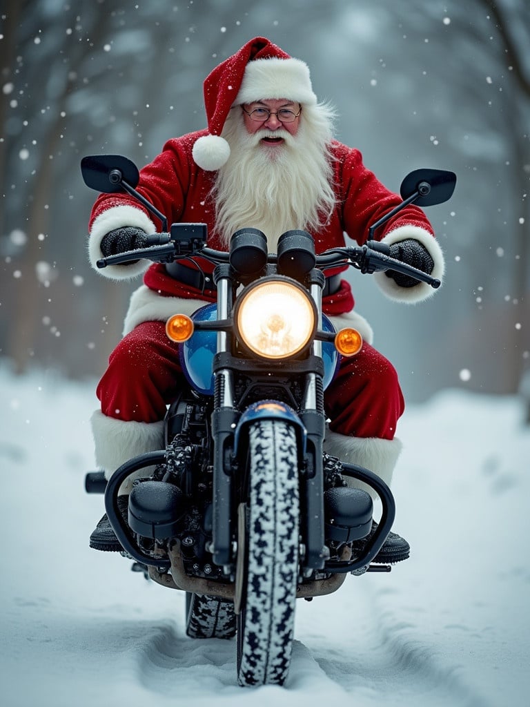 Santa Claus is riding a BMW motorcycle. Snow is falling around in a winter setting. The motorcycle is parked on a snowy path with Christmas trees in the background. Santa has a bright red suit and fluffy white beard. The motorcycle is styled in distinct colors.