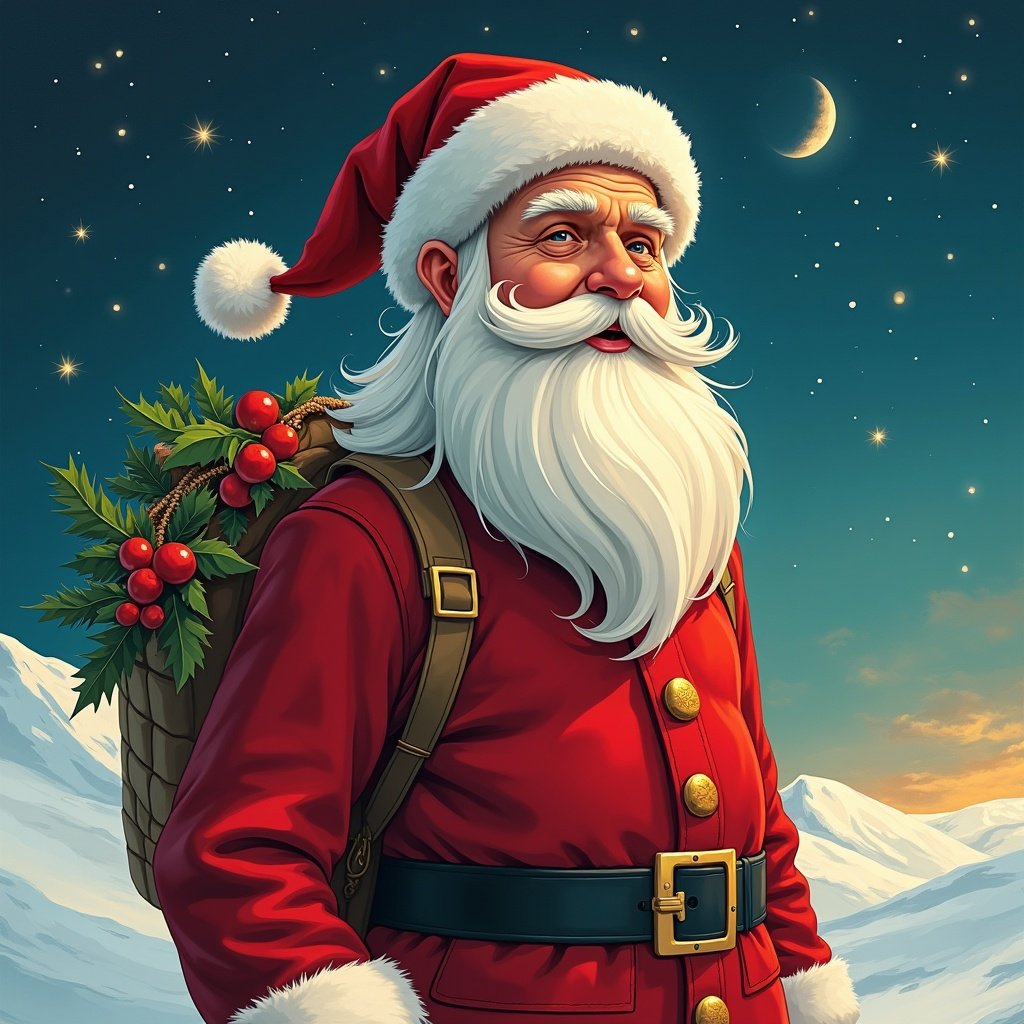 Santa Claus in a winter landscape. Red outfit with a belt and backpack of gifts. Snow-capped mountains in the background. Moon visible in the sky. Holiday spirit emphasized.