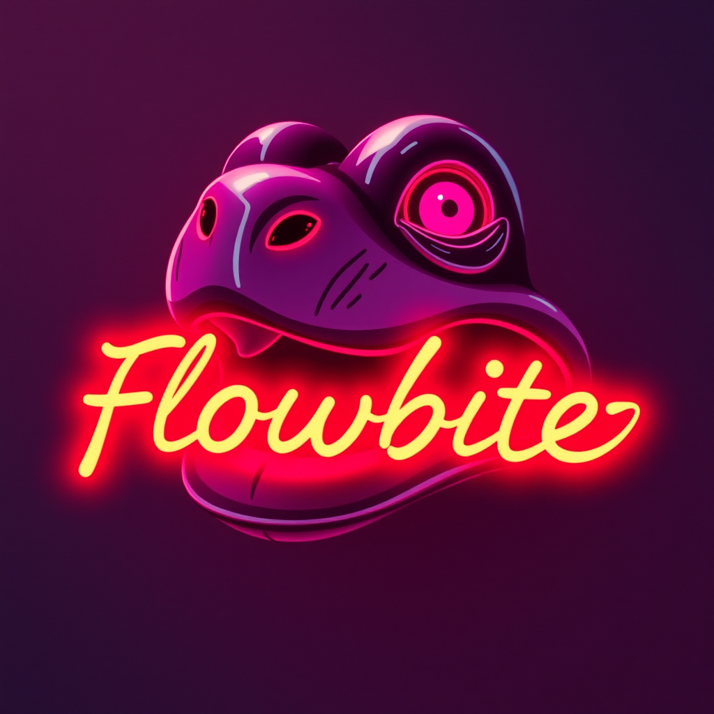 A stylized dinosaur head with glowing purple features and a neon pink 'Flowbite' logo in the center.