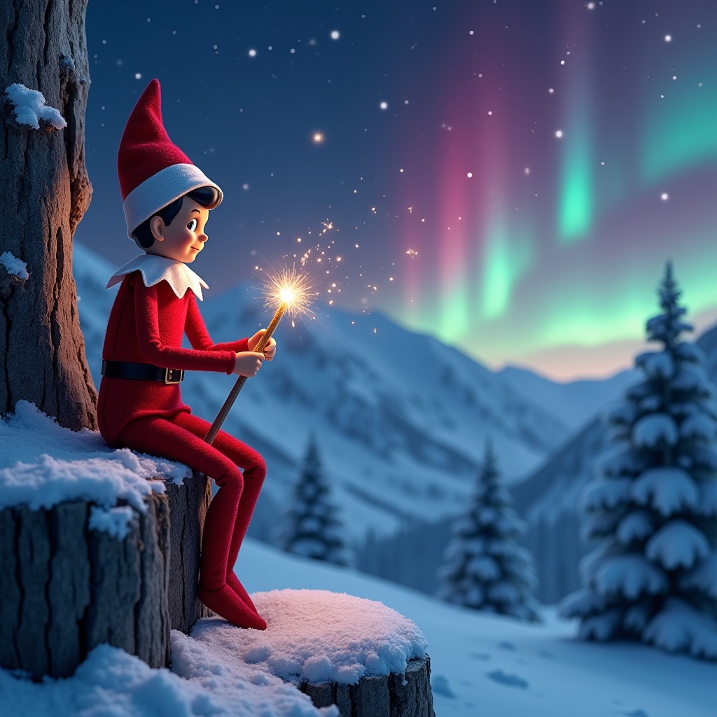 A red elf on the shelf in snowy mountains. Writing with a magic wand the name Lucca in the night sky. Showing northern lights of red, cerulean and purple on the horizon.