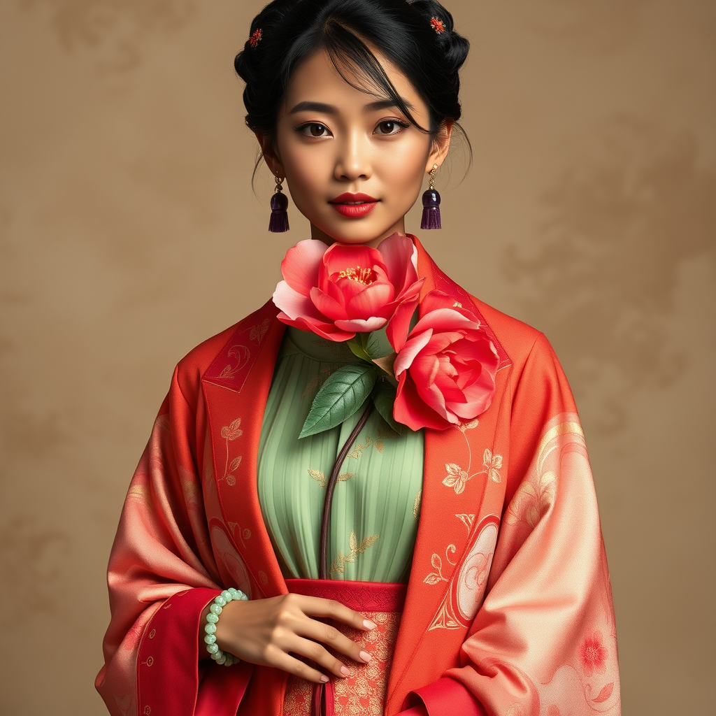 A woman in an ornate red robe, adorned with intricate patterns, holds a large pink rose against a soft, blurred brown backdrop, radiating grace and poise.