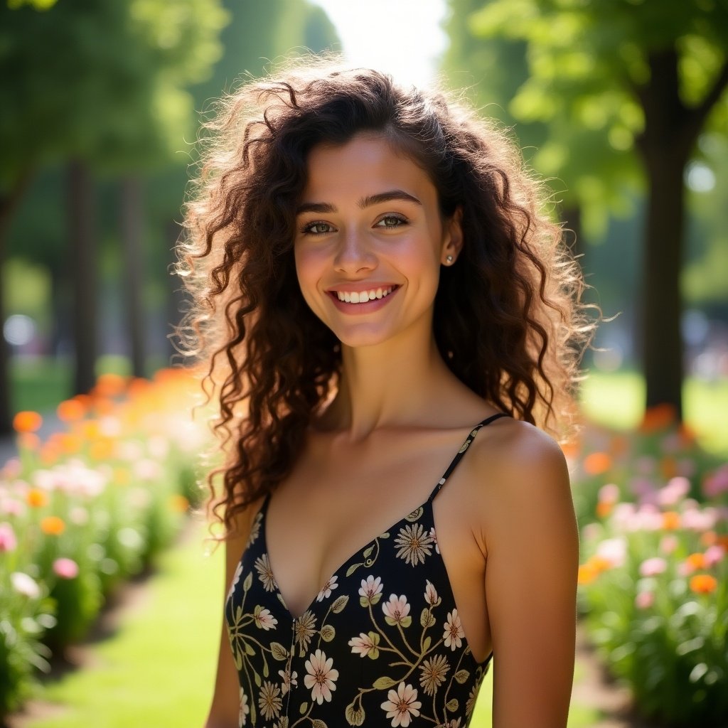 A woman wearing a floral dress stands in a sunny garden. Background features colorful flowers and greenery. Natural light enhances the scene.