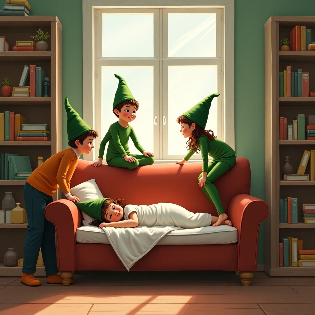 Two elves in green hats, a boy and a girl, lifting a couch with a girl sleeping. The scene is inside a cozy room with bookshelves and natural light.