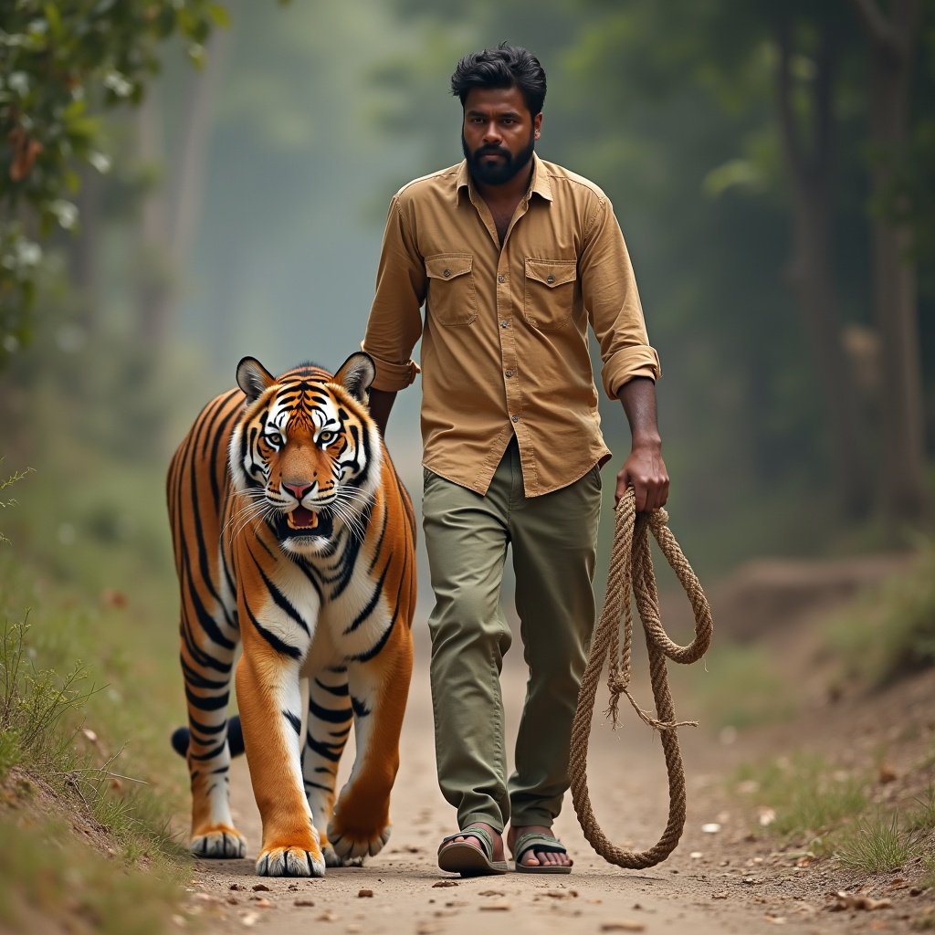 A Bangladeshi man in a shirt is walking with a tiger. The tiger is tied with a rope. The setting is a natural path surrounded by trees.