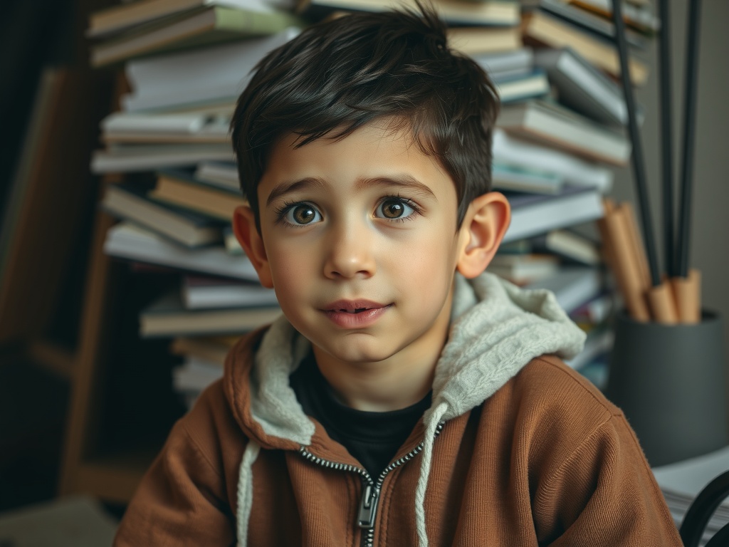 The image portrays a young child with expressive eyes filled with curiosity, set against a backdrop of stacked books. The child is wearing a brown jacket with a cozy hood, suggesting warmth and comfort. The scene conveys a sense of wonder and learning, inviting viewers to explore the world seen through the child's eyes.