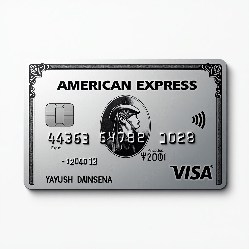 Realistic image of a platinum American Express credit card. Visa logo displayed prominently. Distinct details are visible. Cardholder name is ayush dansena. Expiry date shows March 2028. Silver background with bold black font conveys modern elegance.