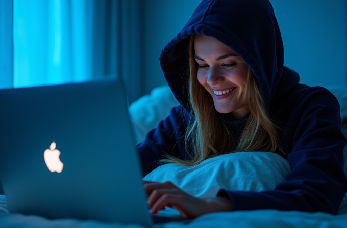 A woman in a hoodie smiles while working on her laptop in a cozy, dimly lit room.