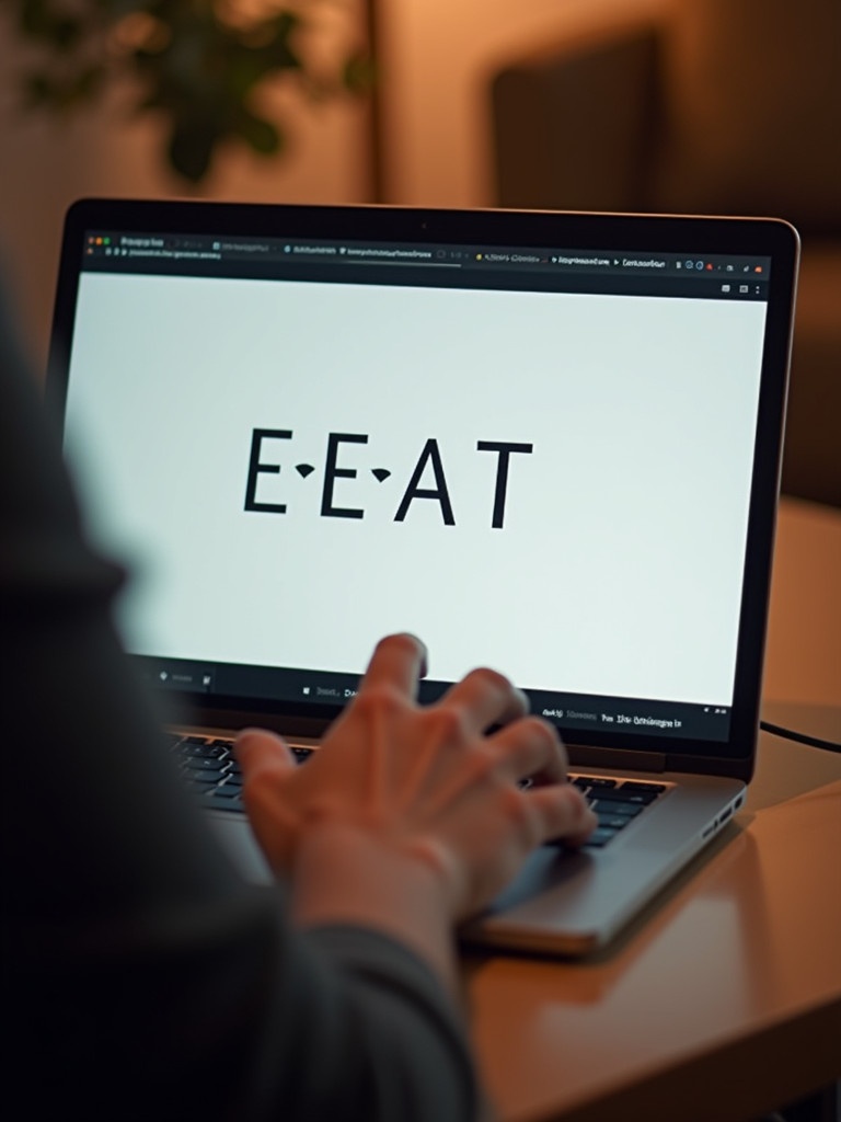 A person types on the keyboard of a laptop. The screen shows E-E-A-T on a white background. The environment appears warm and calm.