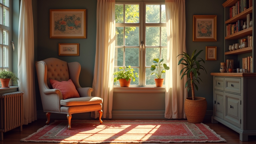 A cozy room bathed in sunlight features a comfortable armchair with a soft cushion, placed by a large window. The room's warm atmosphere is enhanced by potted plants on the windowsill and an intricately patterned rug on the floor. Shelves lined with books and decorative cups add a touch of personal charm.