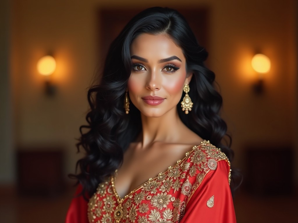 The image showcases a woman wearing a beautifully embroidered traditional outfit in red. Her hair is styled in glamorous waves, and she is adorned with elegant jewelry. The setting has a warm ambiance, accentuated by soft lighting that highlights her striking features. Her expression is confident yet soft, evoking a sense of grace and beauty. The focus is on her intricate attire and the elegance of her pose, making it an ideal representation of traditional South Asian fashion.