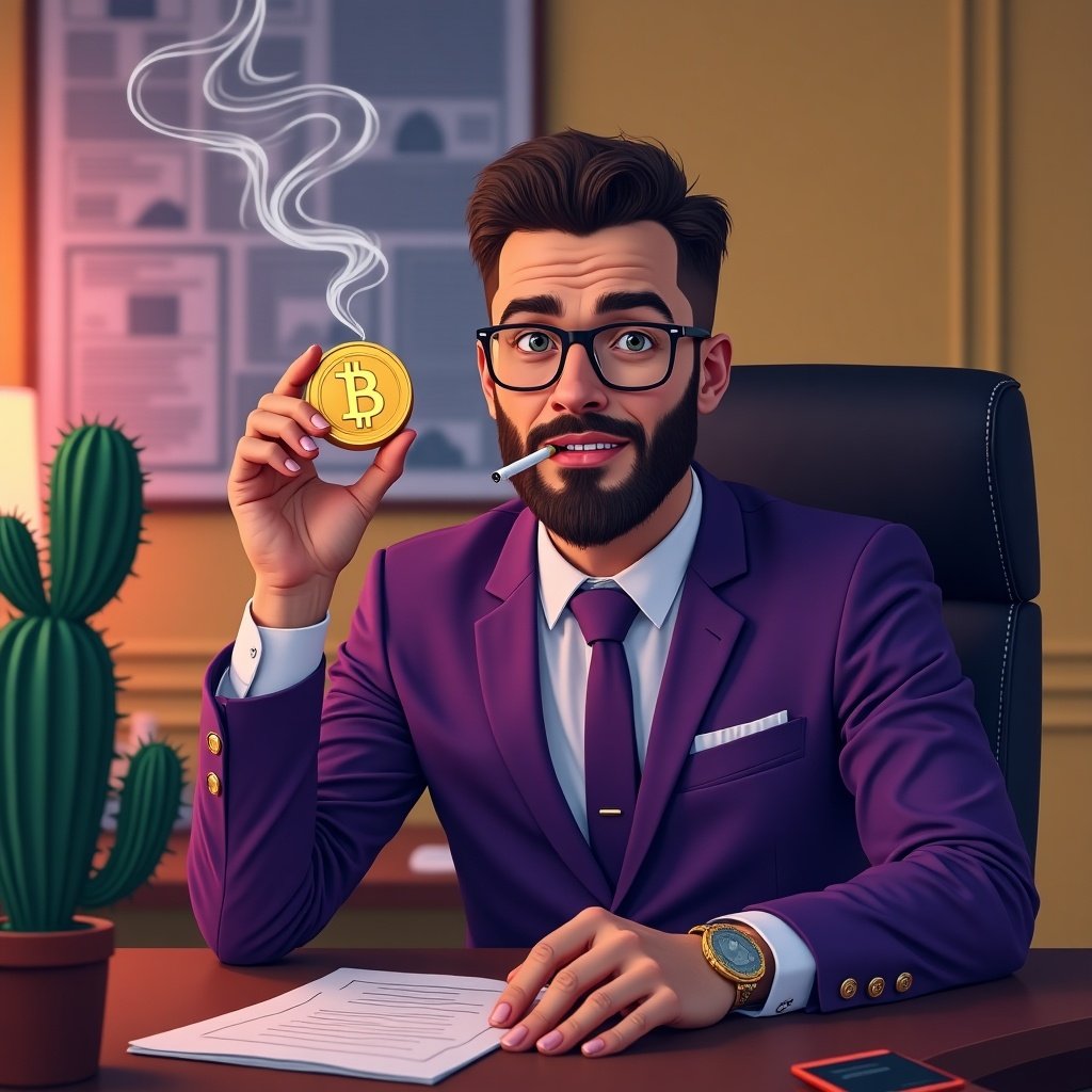 A man in a purple suit sits at a desk. He holds a cryptocurrency coin. A cactus is on his desk. He casually smokes.