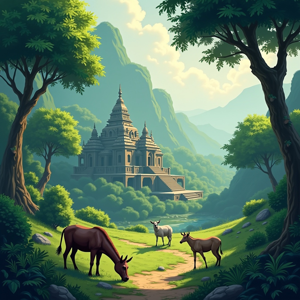 This image depicts a mystical background for an animated world. The scene features an ancient Indian temple, intricately designed, surrounded by a lush tropical forest. Grazing animals, including a horse and some goats, are peacefully enjoying the greenery. The setting is bathed in soft, diffused light, contributing to an ethereal atmosphere. The overall aesthetic is inviting and captivating, perfect for a fantasy adventure. This background can serve as an enchanting visual for various media.