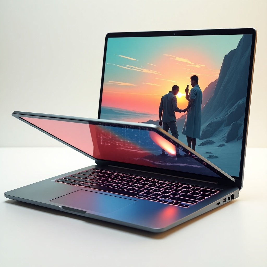 Futuristic laptop showcasing artistic digital display. Design inspired by Italian and Russian futurism. Laptop screen shows a scenic interaction between two figures.