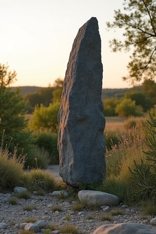 Menhir stands 2 meters high made of dark granite calm strong presence tall shrubs surround it stony ground sparse wild herbs Southern France landscape evening light spring