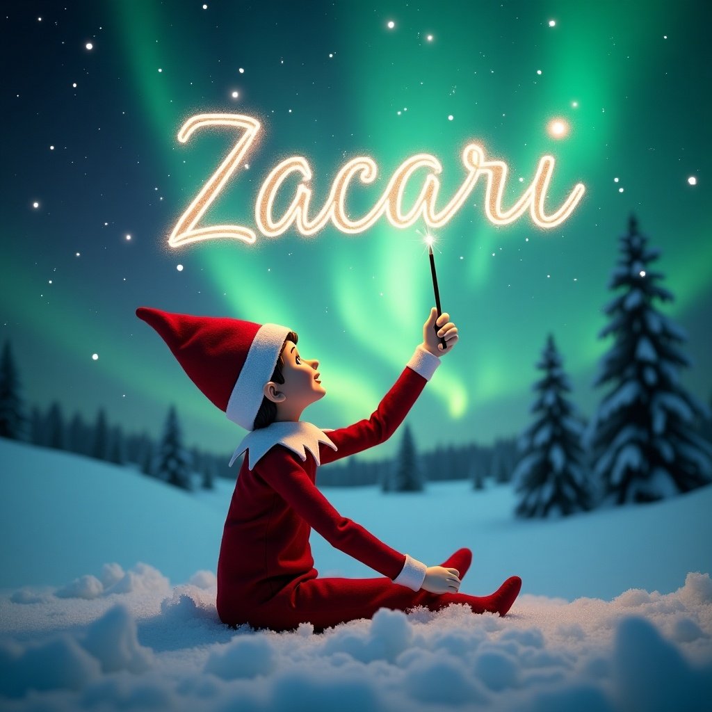 Elf sitting in snowy landscape. Elf wears red outfit. Elf gazes at night sky. Elf uses wand to write name in sky. Northern lights create a magical background. Scene captures holiday season enchantment.