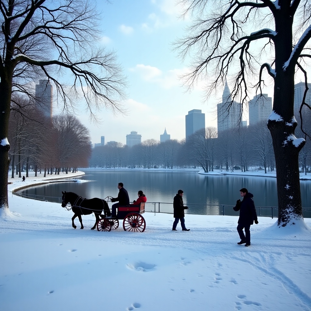 A stunning winter day in Central Park captures a peaceful scene with visitors enjoying the beauty of the snow-covered landscape. A horse-drawn carriage is seen, offering a quaint ride through the park. In the background, the iconic skyline of New York City looms, creating a picturesque contrast. People stroll along the snowy path, taking in the serene atmosphere. The soft blue sky peeks through the bare branches, enhancing the tranquil mood of the scene.