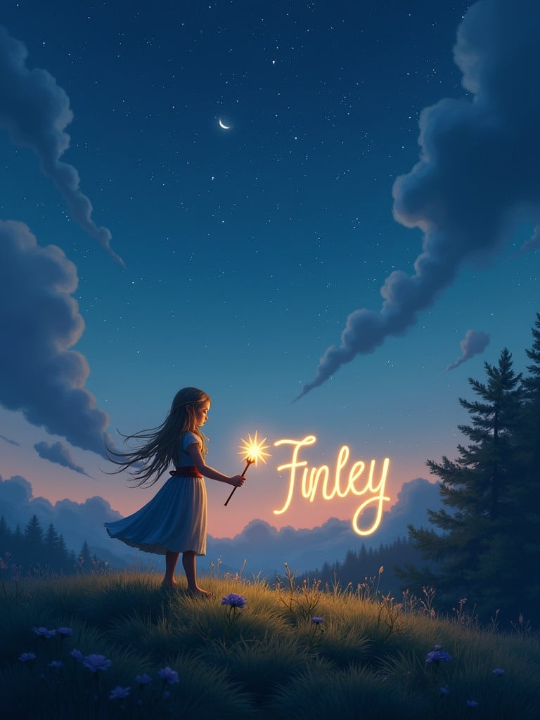 Whimsical scene depicts a girl elf-like figure on a hill at twilight. She gracefully writes 'Finley' in glowing light. The landscape is illuminated by soft hues in the evening sky. The elf holds a sparkling wand in a captivating setting that evokes wonder.