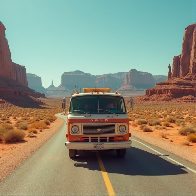 A vintage van drives on a desert road with towering rock formations in the background under a clear blue sky.