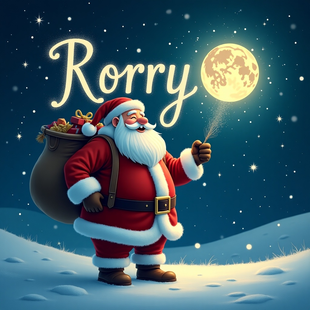 A jolly Santa Claus stands in a snow-covered landscape. He holds a magical sparkler, writing the name 'Rorry' in the sky. The full moon glows brightly behind him, surrounded by twinkling stars. Santa is dressed in his traditional red suit with a fluffy white beard, exuding a warm, inviting presence. A bag filled with gifts is slung over his shoulder, enhancing the festive atmosphere.