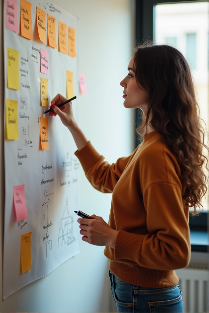 A woman writes on a whiteboard covered with colorful sticky notes and diagrams.