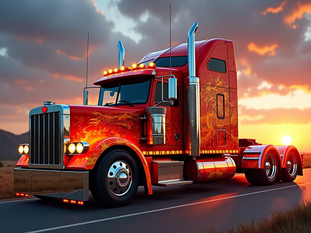 a red semi-truck with intricate dragon designs on its sides, illuminated by a warm sunset, showcasing the truck's chrome details and powerful presence on an empty road.