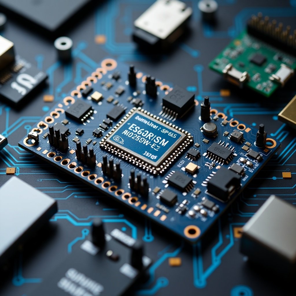 Close-up of an ESP32 microcontroller module integrated with various electronic components like a gyroscope, Bluetooth module, GPS module, buzzer, and power supply. Modern digital layout with circuit patterns.