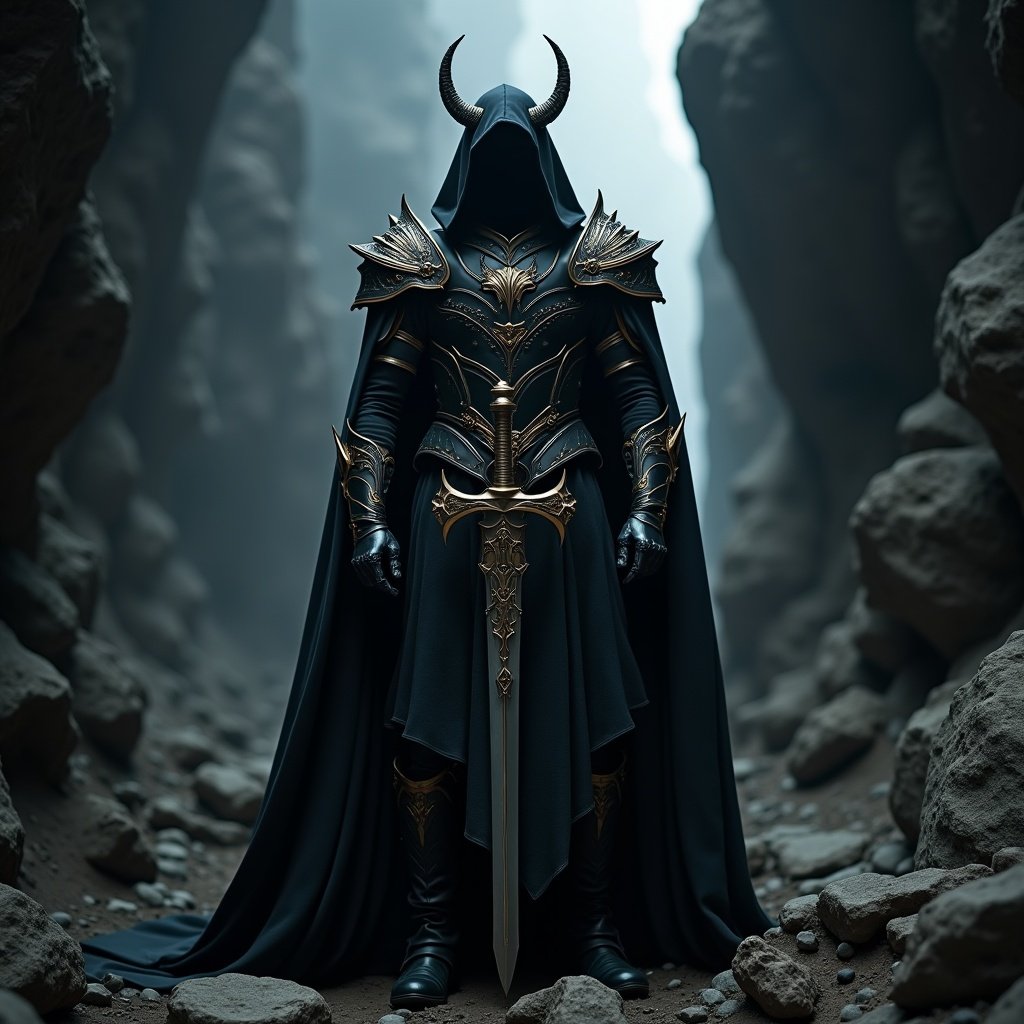 A cloaked figure stands in a narrow canyon, enveloped in shadows. This figure, draped in ornate black and gold armor, presents an imposing presence filled with power and mystery. In their right hand, a gleaming sword hints at a readiness for conflict. The environment is dark and atmospheric, creating a sense of isolation. Rugged terrain and looming shadows enhance the scene's dramatic feel. The overall impression is reminiscent of heroic characters from fantasy stories, especially those seen in shows like Grimm, prepared to face impending battles.