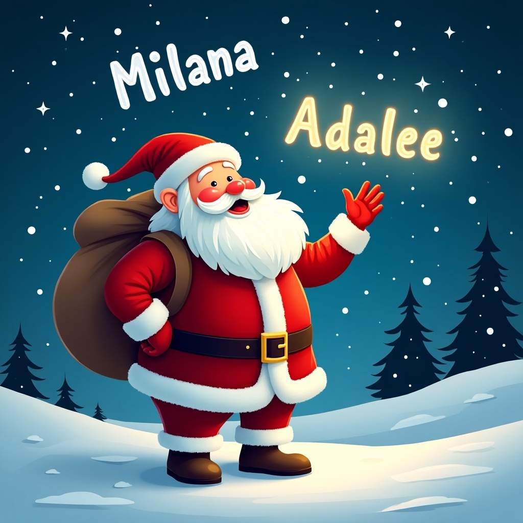 A cheerful Santa Claus stands in a snowy landscape, joyfully writing the names ‘Milana’ and ‘Adalee’ in the night sky with a magical light. He is dressed in a traditional red suit with white trim and carries a large sack over his shoulder. The background features a starry night sky sparkling with stars and gently falling snowflakes, enhancing the festive atmosphere. Pine trees are visible in the distance, completing the winter wonderland feel. The scene radiates joy and holiday spirit, perfect for celebrating Christmas.