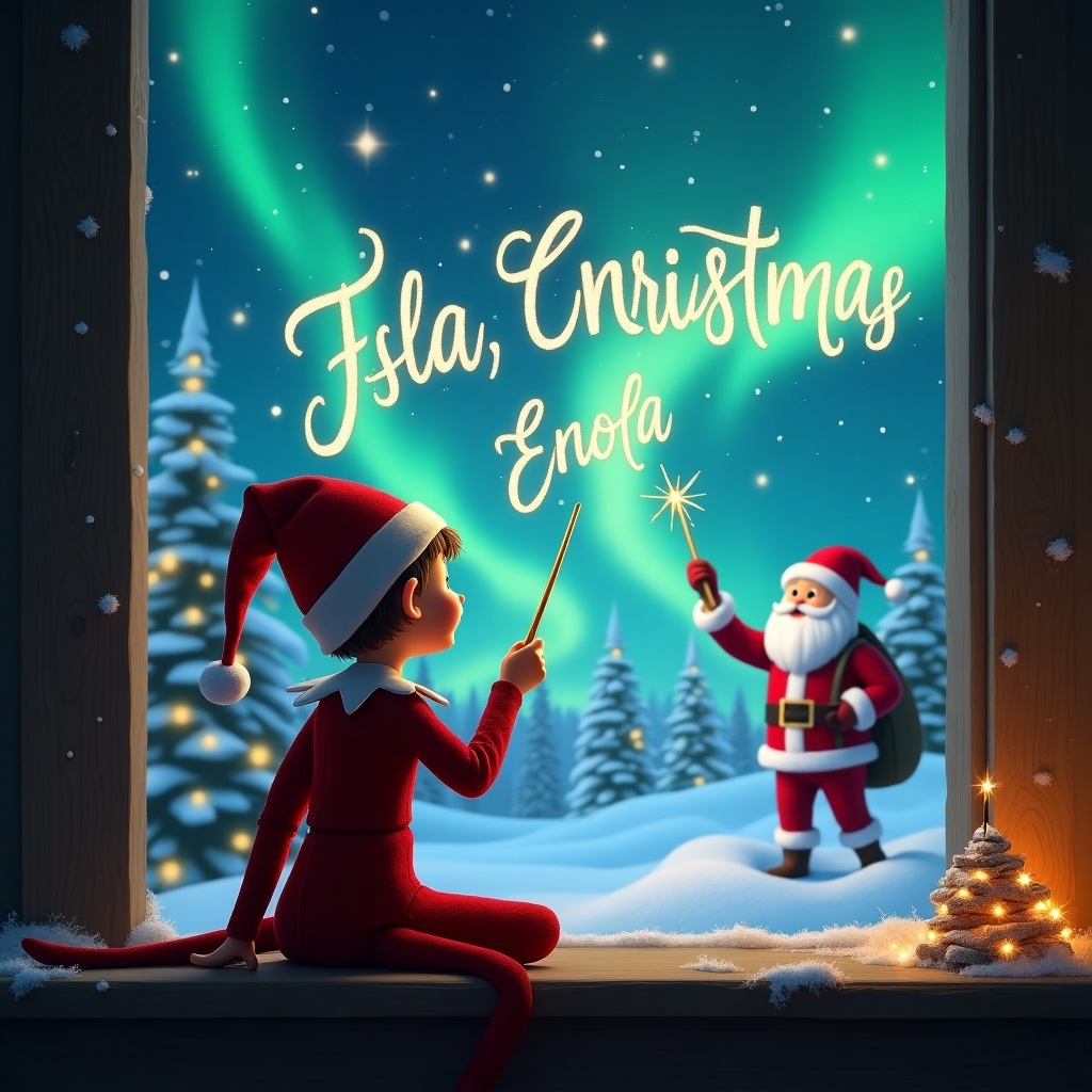 An enchanting scene showcasing an elf on the shelf with his back facing the viewer, looking up towards a magical sky. The elf wields a sparkly wand, writing the name 'Maximus' in the air. In the background, the colors of the northern lights illuminate the snowy landscape. Santa Claus appears joyfully in the distance, also using his wand to write 'Isla', 'Enola', and 'Christopher' elegantly in the sky. The setting is warm and inviting, embodying the spirit of Christmas.