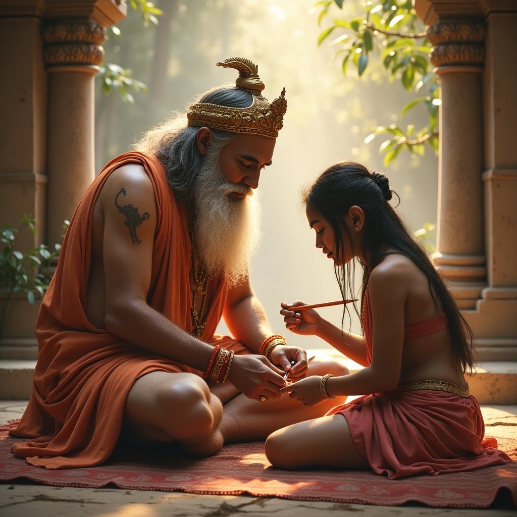 Scene depicting a spiritual figure in traditional attire engaged in a significant act. The setting includes ancient architecture with natural elements. The figure embodies a narrative of mythology in a serene atmosphere.