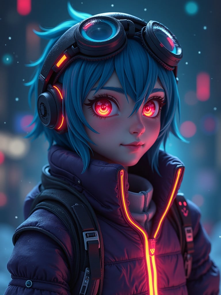 Futuristic character design. Styled hair with vibrant color. Cool accessories like headset and goggles. Dark, urban background featuring neon lights. Brightly lit jacket with glowing lines. Clean and atmospheric ambiance.