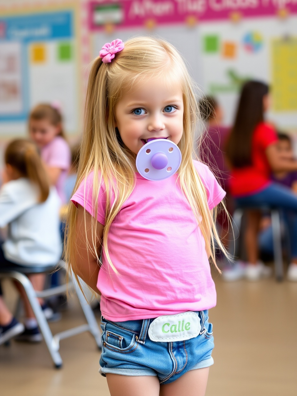 A young blonde girl in a classroom setting, wearing a pink shirt and holding a pacifier in her mouth, with other children blurred in the background, creating a bright and cheerful mood.