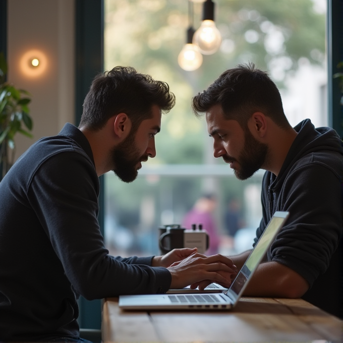 Two men are engrossed in a discussion over a laptop at a cozy café, with a warm ambiance and soft lighting from hanging bulbs.