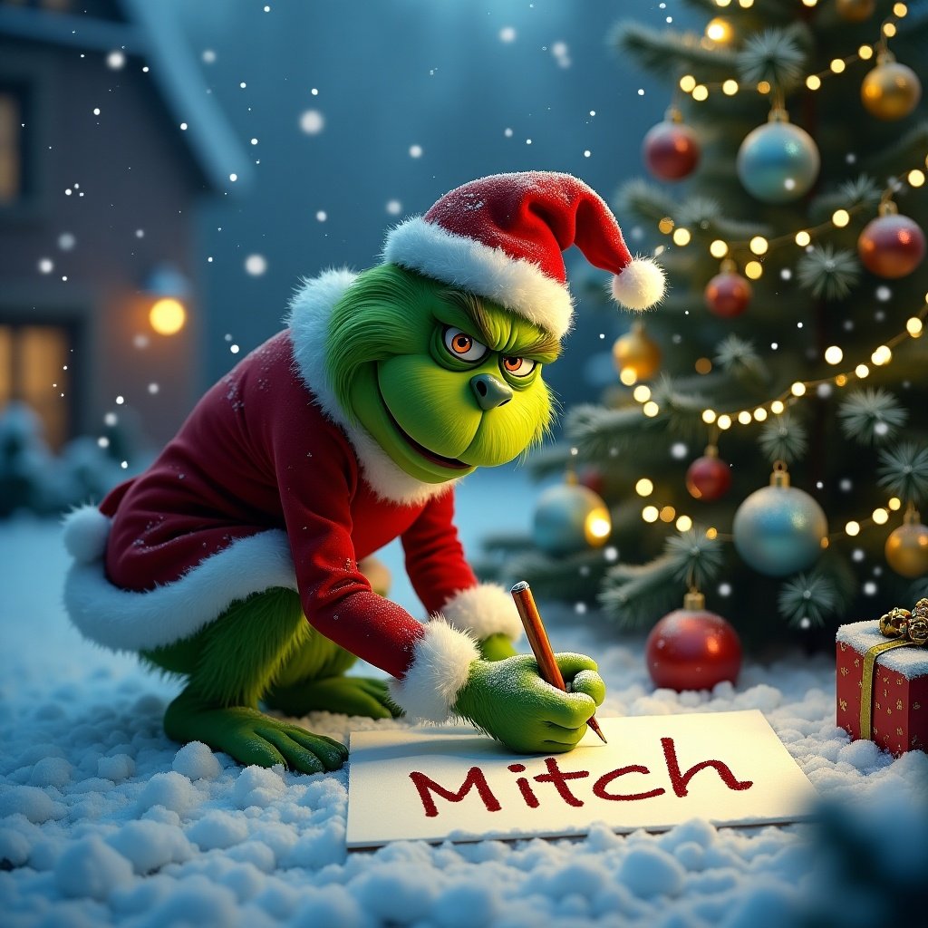 Grinch character writes name Mitch in the snow outside. Decorated Christmas trees with lights in background.