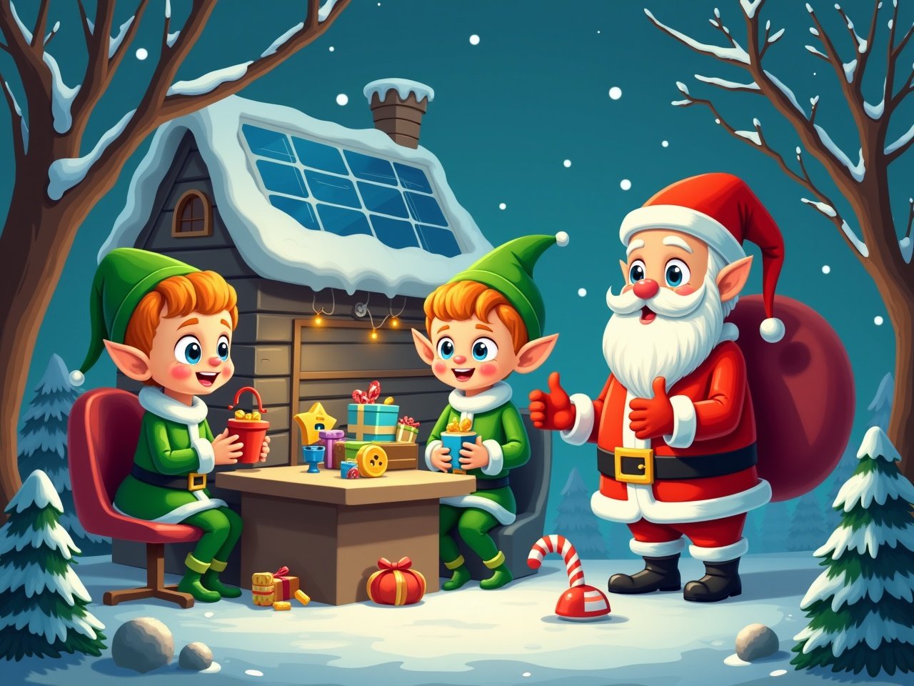 Elves enjoy electric toys at Santa's Workshop. Workshop features solar panels on the roof. Image demonstrates solar power use. Elfs in green elf uniform. Cartoon style.