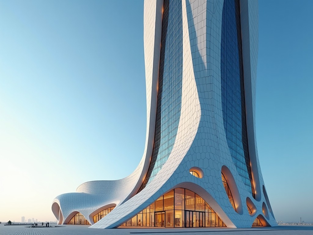 A futuristic skyscraper with a curved facade and expansive windows, set against a clear blue sky with the soft warm light of the setting sun reflecting off its surface, capturing a sense of modern urban innovation.