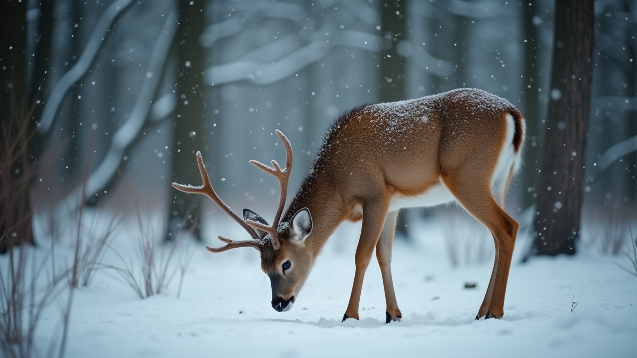 This cinematic shot captures a close-up of a sika deer in a snow-covered forest. Snow is gently falling around the deer as it searches for food on the ground. The scene is rich in detail, showcasing the soft textures of the deer's fur and the contrasting white snow. Natural light creates a serene atmosphere, with film color correction enhancing the overall appearance. The composition highlights the beauty of wildlife in winter, evoking a sense of peace and tranquility.