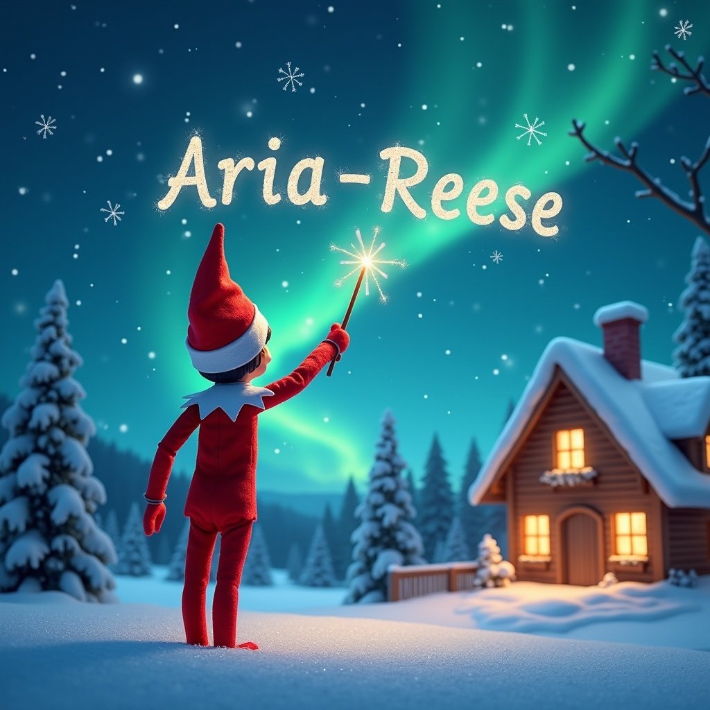 The scene depicts an Elf on the Shelf character positioned facing the sky, with its back to the viewer. This elf holds a wand and is writing 'Aria-Reese' in the night sky. The background is filled with a magical Christmas atmosphere, highlighted by shimmering northern lights and a cozy house. Snow blankets the ground, creating a wintery feel. The overall scene evokes feelings of joy and the festive spirit of the holiday season.