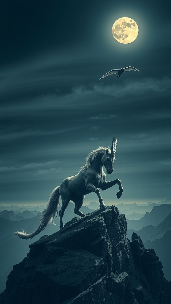 A unicorn stands majestically on a rocky peak under a full moon with a dragon flying nearby.