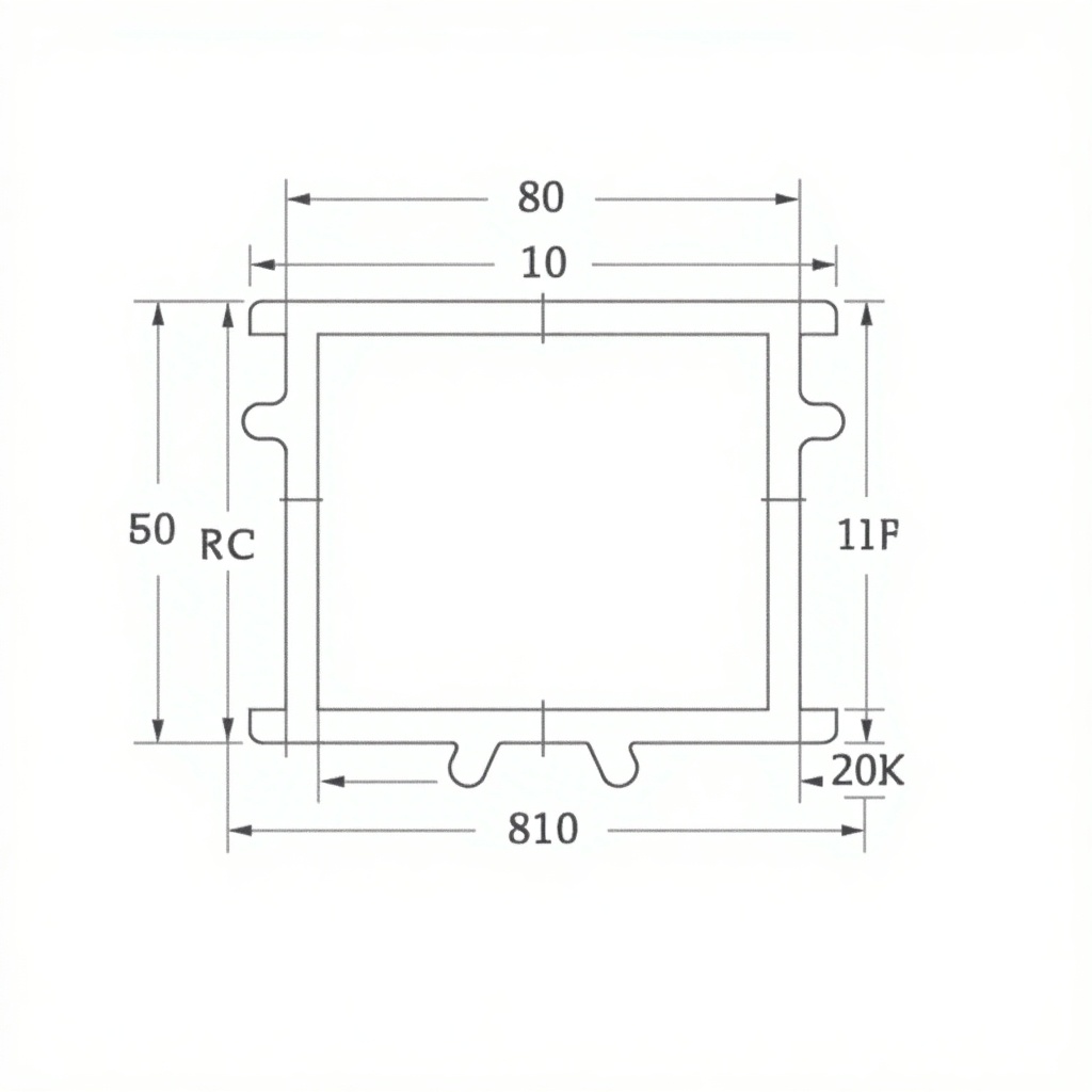 This image is a technical drawing featuring a detailed rectangular section with notches. The front view illustrates dimensions with a height of 30 units and a width of 50 units, including 10x10 notches on each side. The top view shows the same width of 50 units while accounting for the notches in depth. The side view reveals a height of 30 units and a depth of 50 units, capturing the notches as distinct protrusions. This illustration is useful for precise representation in engineering and architectural contexts, providing specific specifications needed for technical discussions.